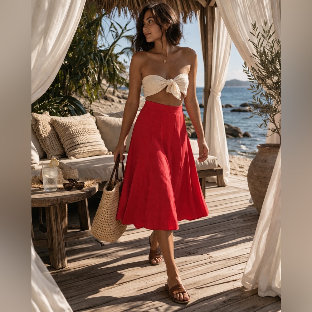 Per Una Linen Midi Skirt Red Size 10 Pleated Summer Boho Chic Resort Wear Aline